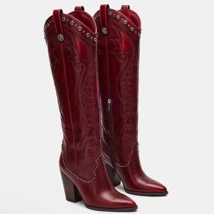 Steve Madden Red Embossed Leather Knee-High Western Boots